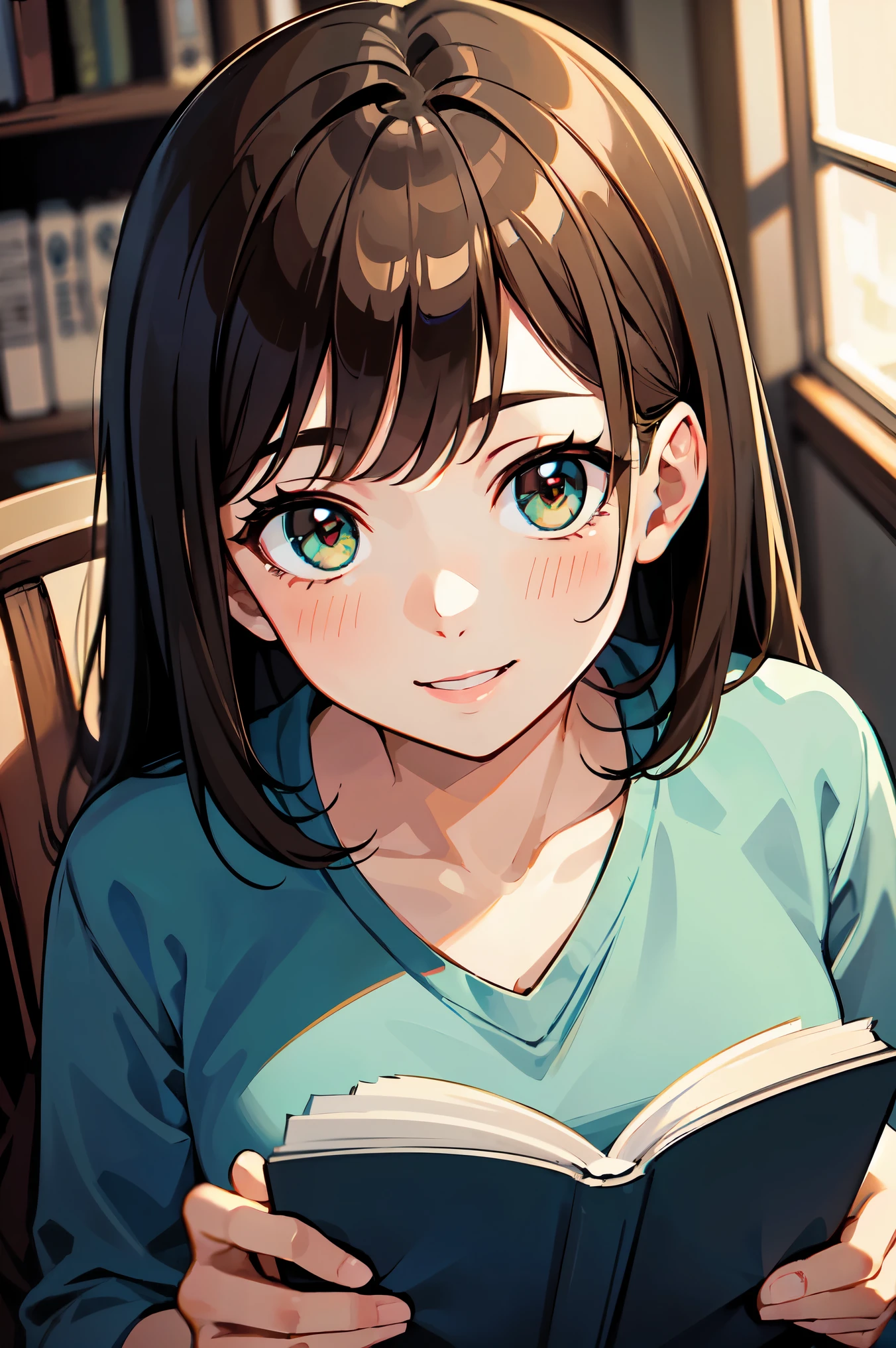 masterpiece, Highest quality, Very detailed), Portrait of an 18 year old woman with light brown hair, Green round eyes, Beige blouse and blue jeans、Smiling Blue Shorts、Reading the Brown Book - Auto Ultrarealistic -