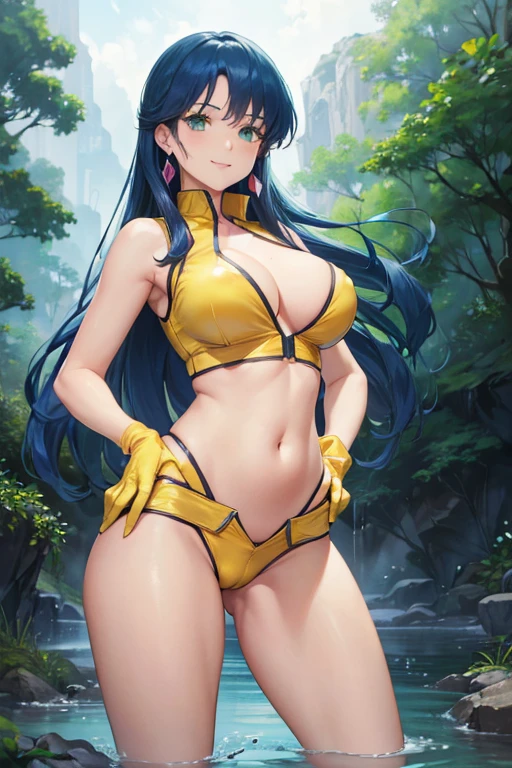 (High resolution:1.4)、(High resolution:1.4)、Beautiful girl alone、 Are standing、Dirty Pair、Yuri、、 View your viewers、smile,、Large Breasts、gloves、 belly button、 Cleavage、 Green Eyes、 Earrings、Shorts、 stomach、Crop top、 Hands on hips、 Clothing cutouts、 Cleavage cutout、 yellow gloves、With a gun、