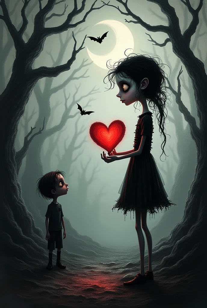 A Tim Burton-style drawing of a girl ripping out her heart to give it to a boy. 
