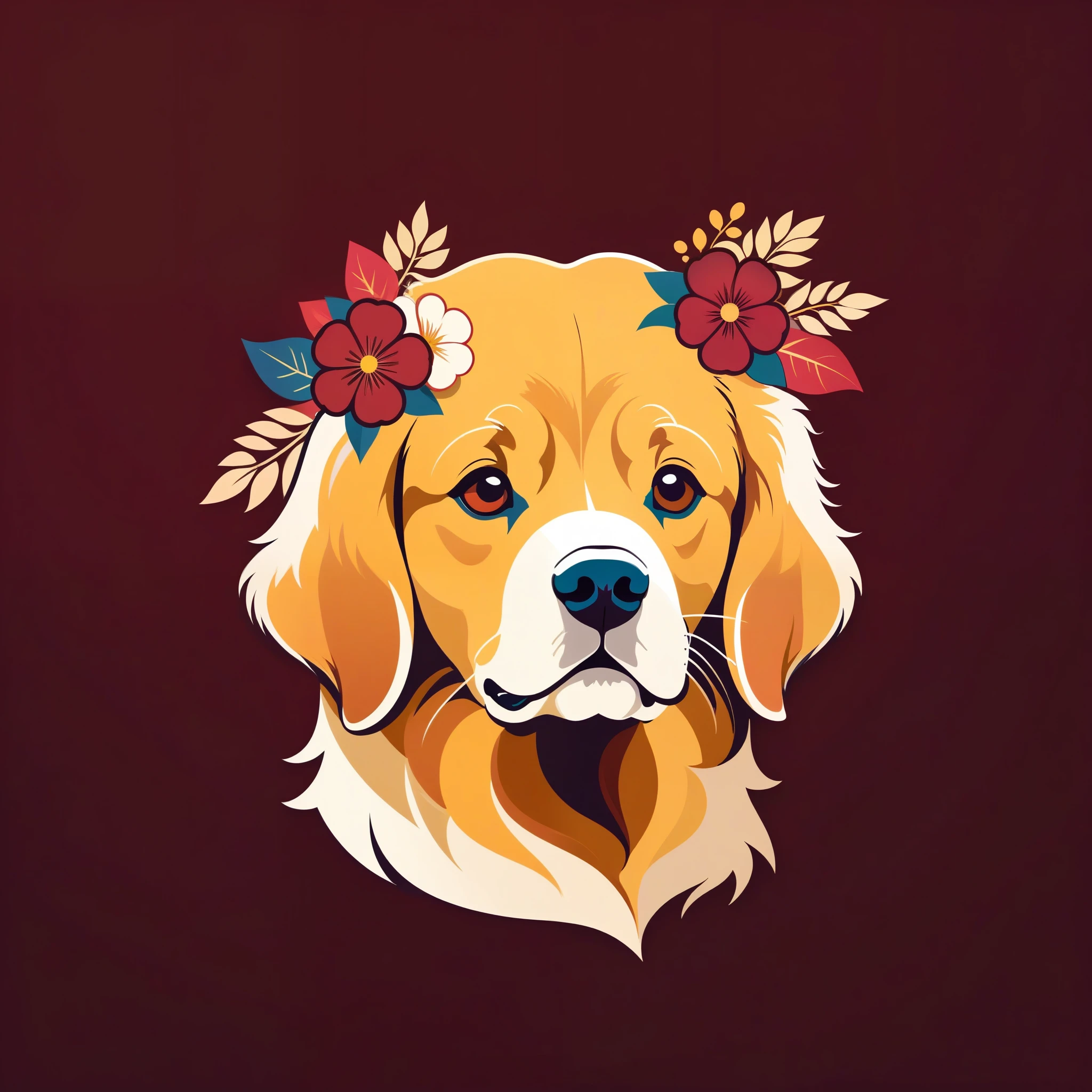 A minimalist logo of a golden retriever with flowers on her head with conical lines on a dark red gradient background,Grumpy Fan Bingbing,simples,linhas finas,imagem vetorial,linhas abstratas,