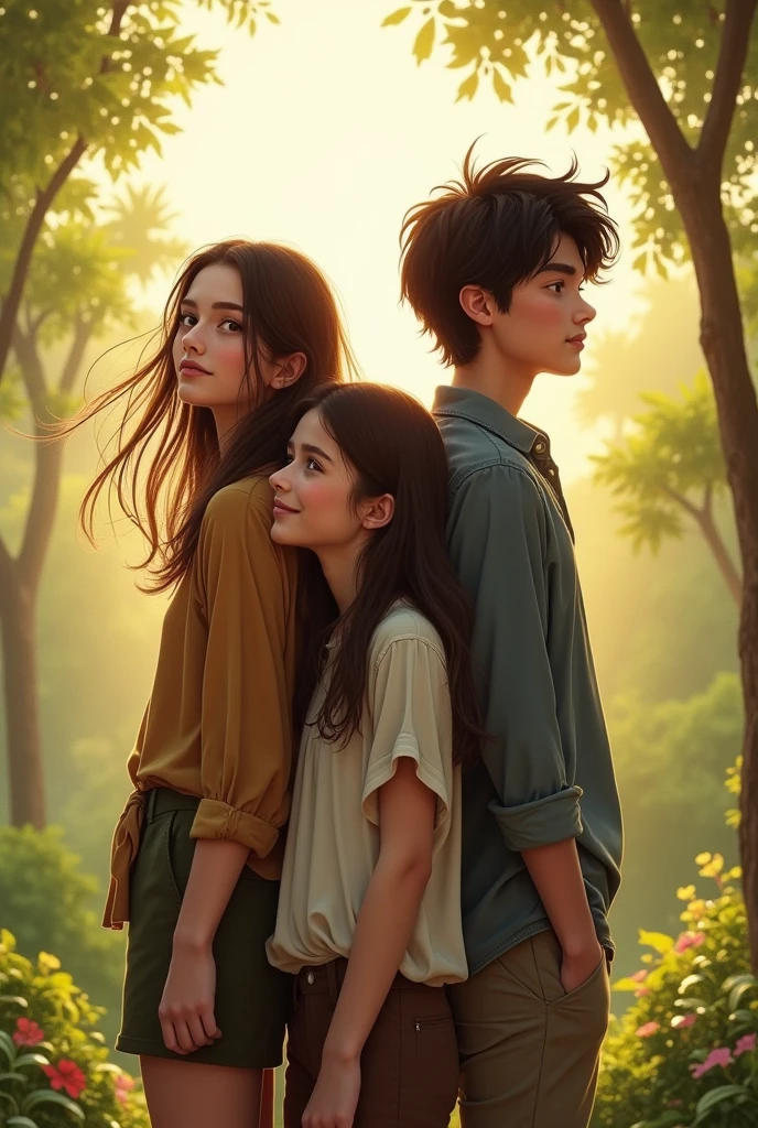 Create an image of a girl with brown hair and a height of 1.65,A boy with black hair, a little long, 1.87 cm tall, and a boy with brown hair, a little long, 1.85 centimeters that the three of them are back to back and a nice background is seen that they are 19 years old 