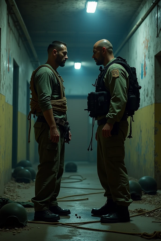Create two men, one kidnapped and the other the kidnapper. Both are military personnel from different countries.