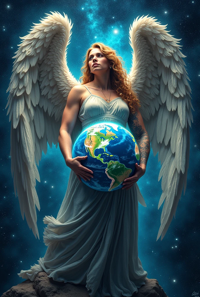 Create a tattoo of a very strong angel holding planet Earth
