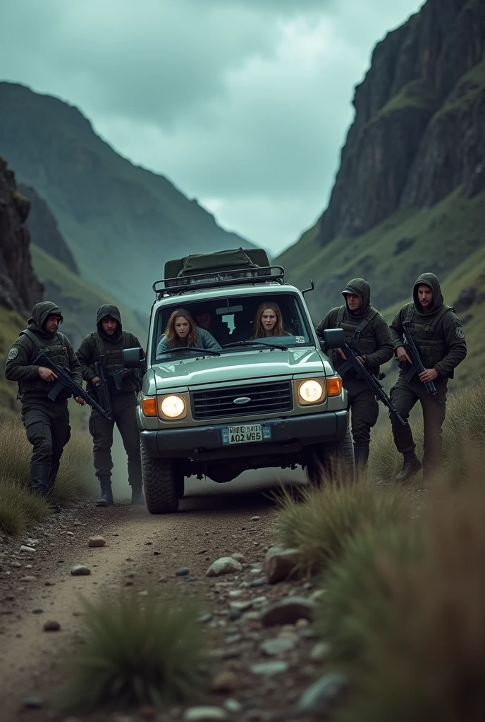 Create a realistic image where 5 mongoloid terrorists are attacking 7 travellers, including 2 women and 5 men, on a hill track. The travellers are in a car. The terrorists want to kidnap one of the womanwomen the travellers.