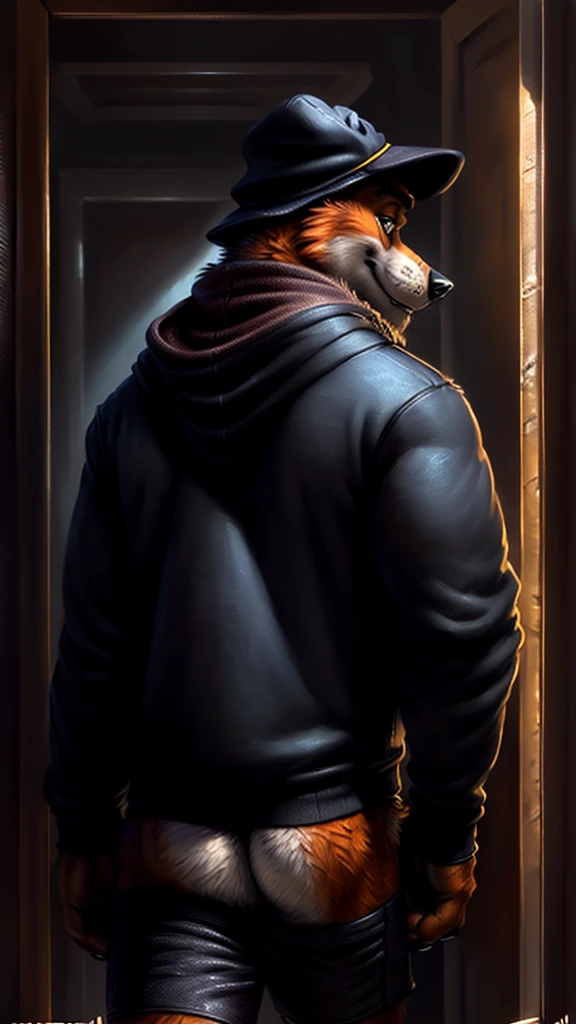 by personalami, by place, by kenket, by taran violinist, male, alone, antro (fox), (fnaf), (sly), Adult, Photorealistic, Hyper realistic, ultra-detailed, natural pose, (muscular, burly), (( run)), ((safety short hoodie:1.2)), (furry), ((butt view)), (detailed background, hallway), ((mature male)), father figure, mature male, hunk , daddy, dilf, ((highly detailed clothing)), ((Highly detailed tail)), ((from behind)), ((highly detailed skin texture)), ((highly detailed hands)), ((highly detailed hands) well drawn)), ((down hoodie)), ((very detailed lighting)), ((natural lighting)), ((black boxers down)), ((security guard cap)), ((Night )), ((dark)), A semi-medium large flaccid penis with foreskin visible, testicles, (((solo boy anthropomorphic))), 
