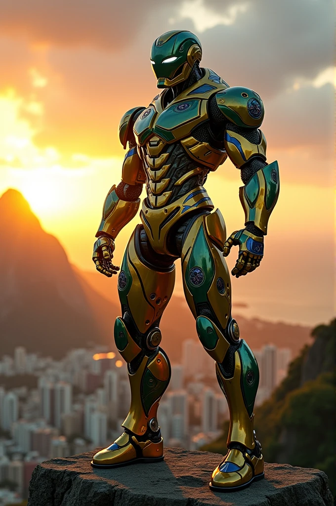 Create a robotic warrior, Brazilian Hero, marvel style 