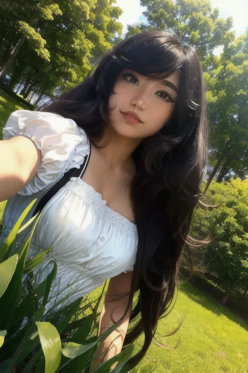 (rule of thirds), (masterpiece), (highly detailed), (realistic), (photorealistic),(1girl, black hair, long hair, brown eyes, Emiru, looking at viewer, white dress,) (park background, flowers, trees, foliage, grass, sunny, outdoors,) (close up, cowboy shot, dynamic lighting, cinematic lighting, depth of field, bokeh, godrays, fog, volumetric lighting,) 