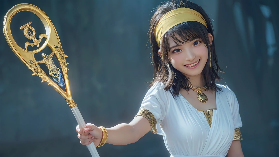 (8k, RAW Photos,Highest quality, High resolution:1.1), (Ultra-realistic:1.4),(Realistic, Realistic:1.3),The Beauty of Japan、((smile:1.3))、(Dragon Quest Sage,dq3,White Dress,golden headband,Staff of Enlightenment,Lotto Emblem:1.5)