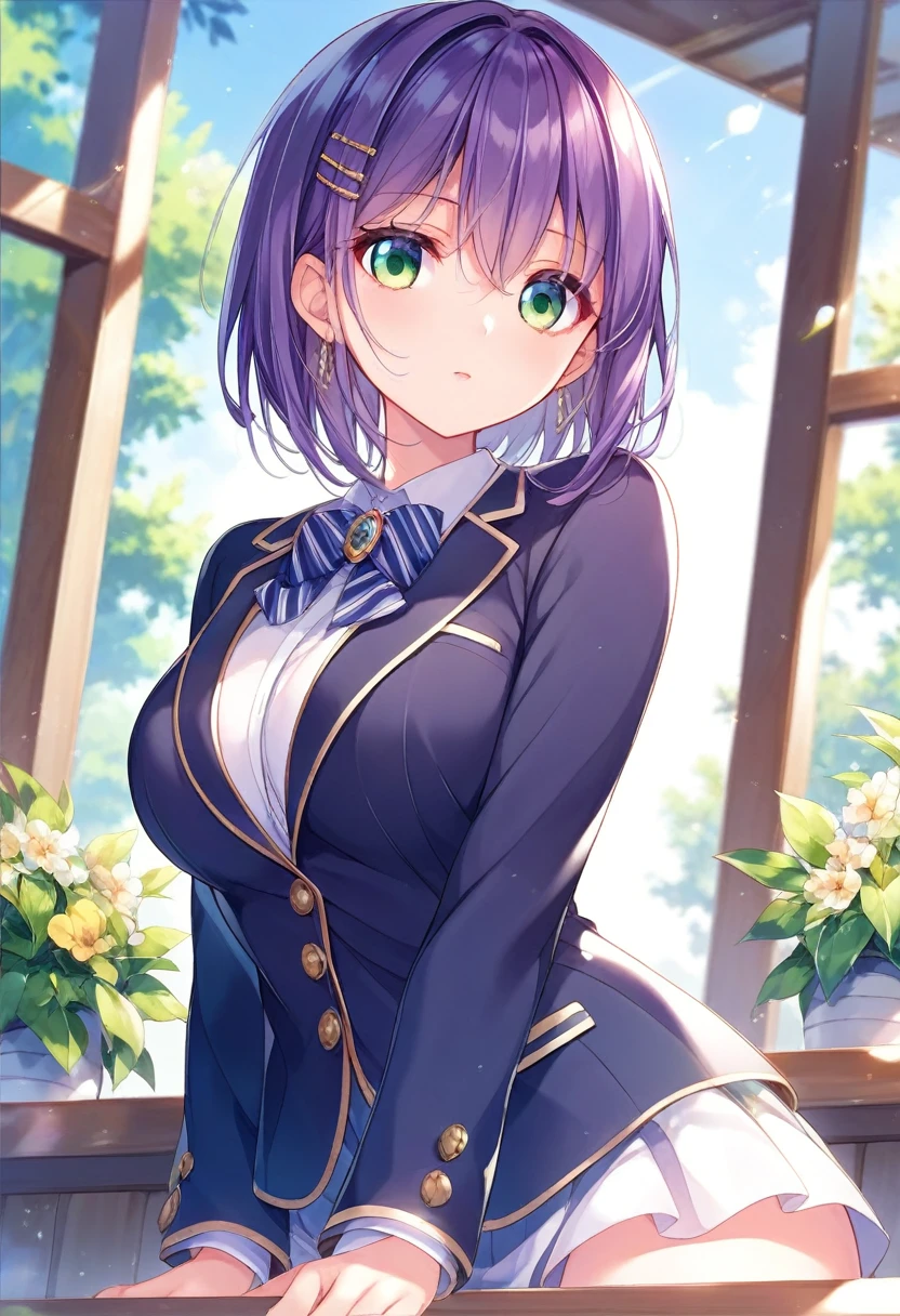 クールビューティーなbeautiful girl、Purple Hair、Bob Short Hair、Green Eyes、Large Breasts、
、Sharp Eyes、Gentle expression、、beautiful girl、Wearing a blazer uniform、Beautiful eyelashes、Beautiful high school girl