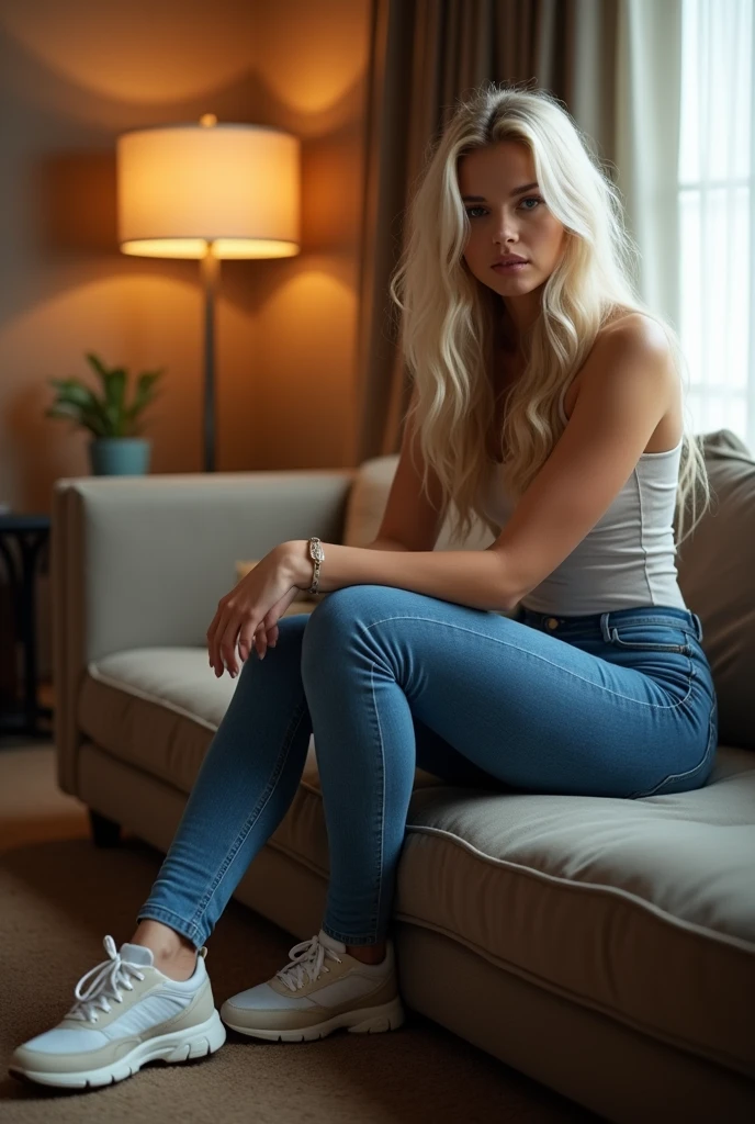 ((tall blonde women)), blue skinny jeans, sneakers, topless, at home, (((full view))), full body view, sitting on the couch, sexy pose, daring
