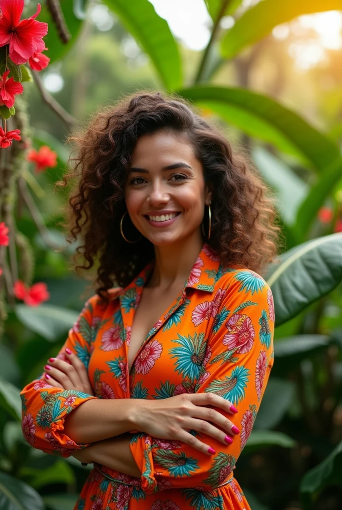 A Brazilian woman in a lush tropical garden, wearing an open shirt with a floral print, with a close-up capturing the harmonious beauty between her breasts and the natural flowers, showing off your natural charm and outgoing personality.