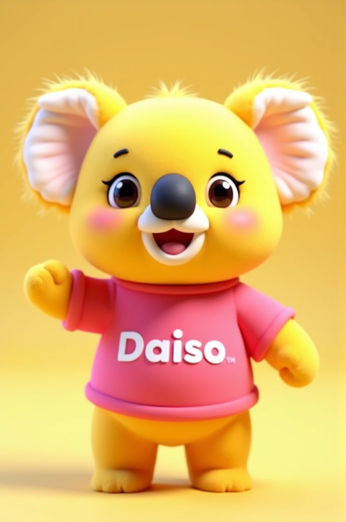 Create a 3D render of a cute and cheerful yellow koala mascot for a store named 'Daiso'. The koala should have large, expressive eyes and a friendly smile, with a soft, plush texture to appear huggable and inviting. It should be wearing a pink shirt with the hex color code #9e0d5c, and the 'Daiso' logo in bold white letters prominently displayed on the front. The design should be cartoonish, with rounded, smooth features, making it visually appealing from all angles. The 3D model should have vibrant colors and a well-defined texture, emphasizing the softness of its fur. The lighting should be soft and even, creating a warm and welcoming atmosphere. The background should be simple, such as a plain light color or a subtle gradient, ensuring the focus remains on the koala mascot.