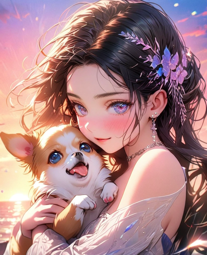 8k,Ephemeral beauty,Very delicate and beautiful,Beautiful and realistic skin,,Black Hair、Long and colorful hair,Beautiful Eyes,good,Beautiful sunset、dog(Chihuahua)hug、dogクリーム色、浜辺をdogと散歩