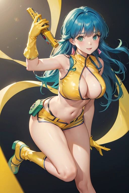 (High resolution:1.4)、(High resolution:1.4)、Beautiful girl alone、 Are standing、Dirty Pair、Yuri、、 View your viewers、smile,、Large Breasts、gloves、 belly button、 Cleavage、 Green Eyes、 Earrings、Shorts、 stomach、Crop top、 Clothing cutouts、 Cleavage cutout、 yellow gloves、With a gun、