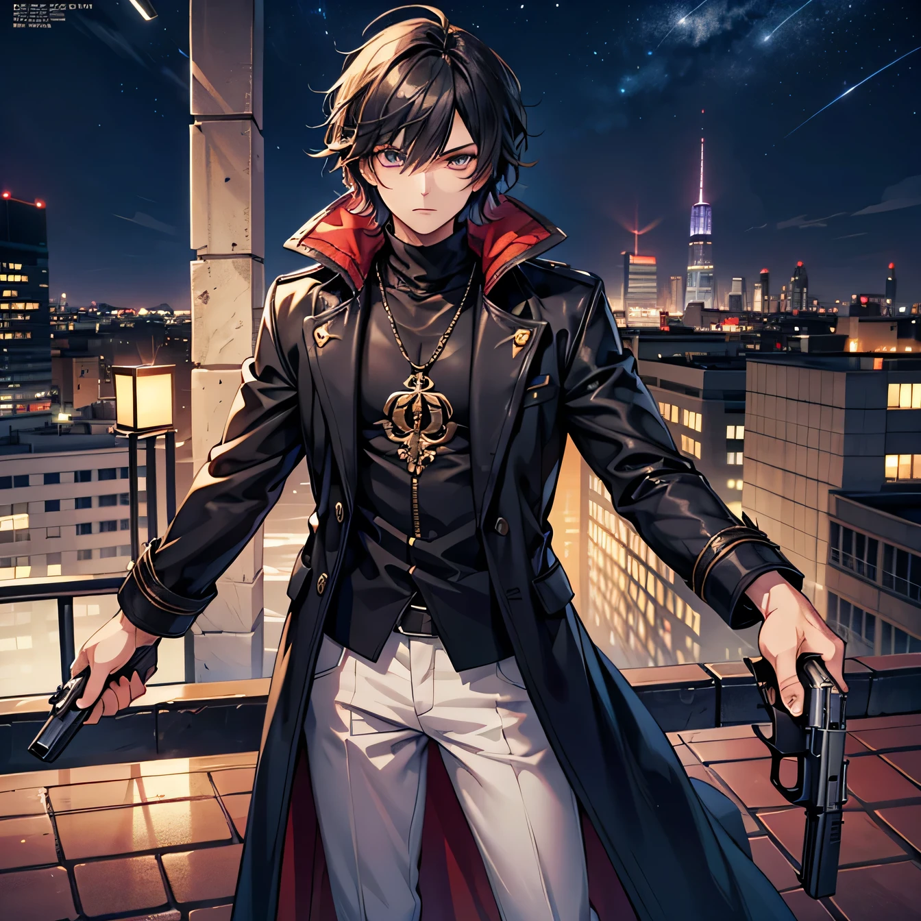 Anime art style,Highest quality,High resolution,Anatomically correct,One Man,Twenty generations,good looking,Spiky hair,Black Hair,A rich expression,Serious expression,Black long coat,Casual innerwear,night,Outdoor,Rooftop,Holding a gun,Eyes drawn in detail,8k