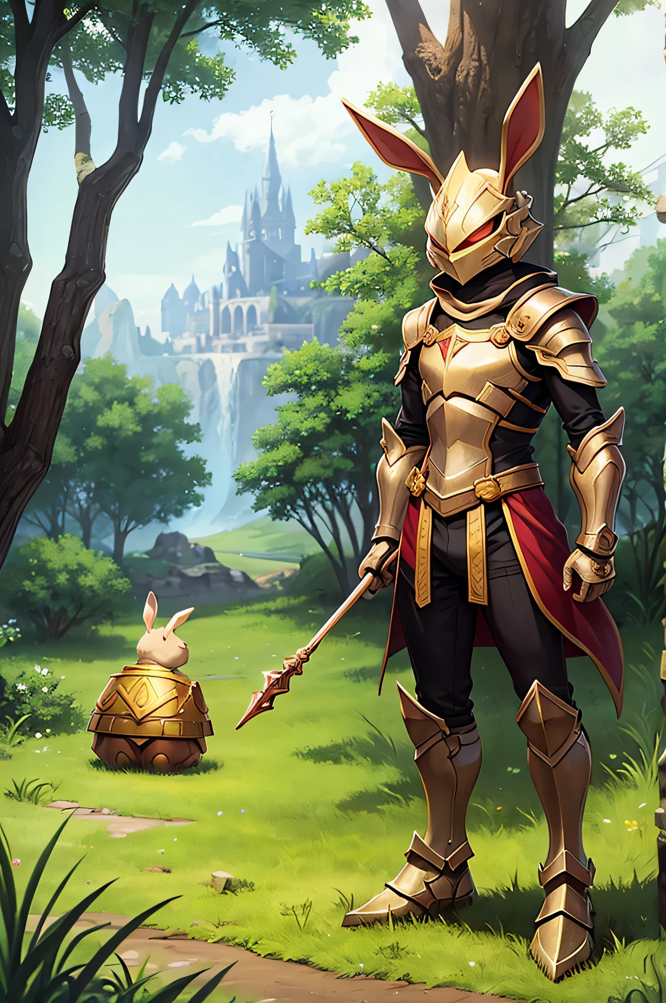 Bunny wizard wearing armor, small in height, surrounded by nature, 1 boy, full body, Scorpion Armor