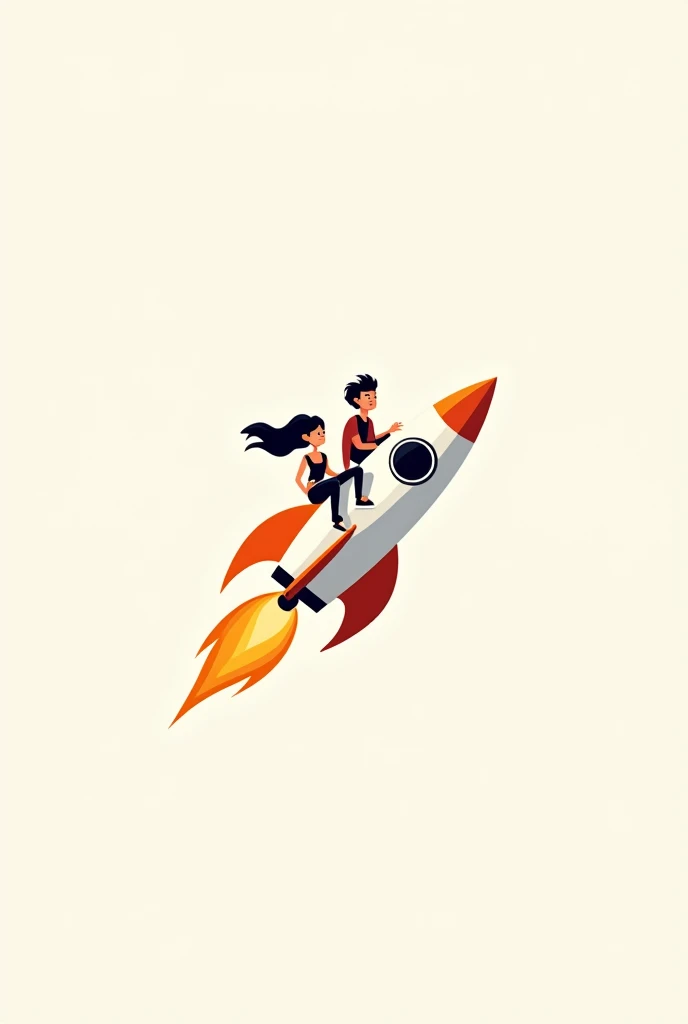 Create a vector image of a white rocket with orange details, flying from left to right. Two human characters are sitting on the rocket, both looking in the direction the rocket is flying. The characters are dressed in human clothing and have human-like bodies. Ensure the image is in vector format, not 3D, and that it includes a transparent background (PNG format).