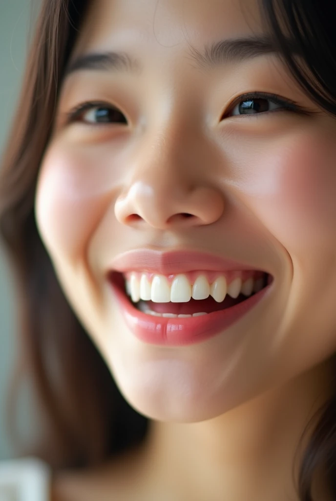 Extreme closeup of a japanese female mouth, wide open and smiling
