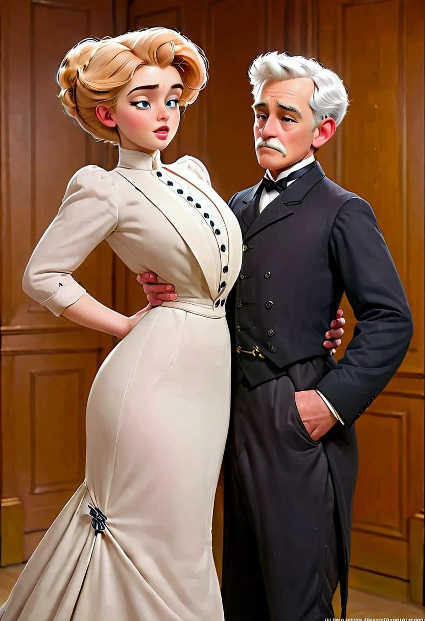 Year 1901. A gorgeous thotty 15yo blonde Gibson Girl ((having sex)) with an aged horny 69yo white-haired gentleman. 1900_dress. NSFW.