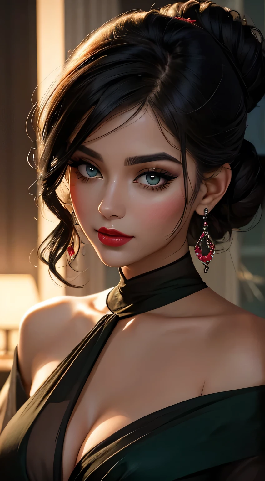 Amazing portrait of a woman who is 30 years old and an adult and a sexy woman with a beautiful face emphasized by amazing makeup and beautifully detailed eyes with perfect lips wearing her black hair in a messy bun blushing intensely as she's flustered and lustful wearing some elegant earrings and a black blouse paired with a sheer dark green saree making her look hot with vibrant colors and soft lighting during night time with soft lighting showcasing her red lips and her beautiful face in detail and close up