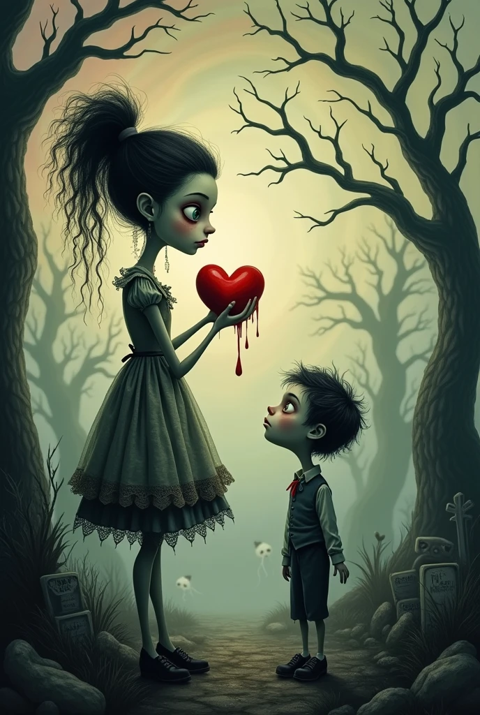 A Tim Burton-style drawing of a girl ripping out her heart to give it to a boy.