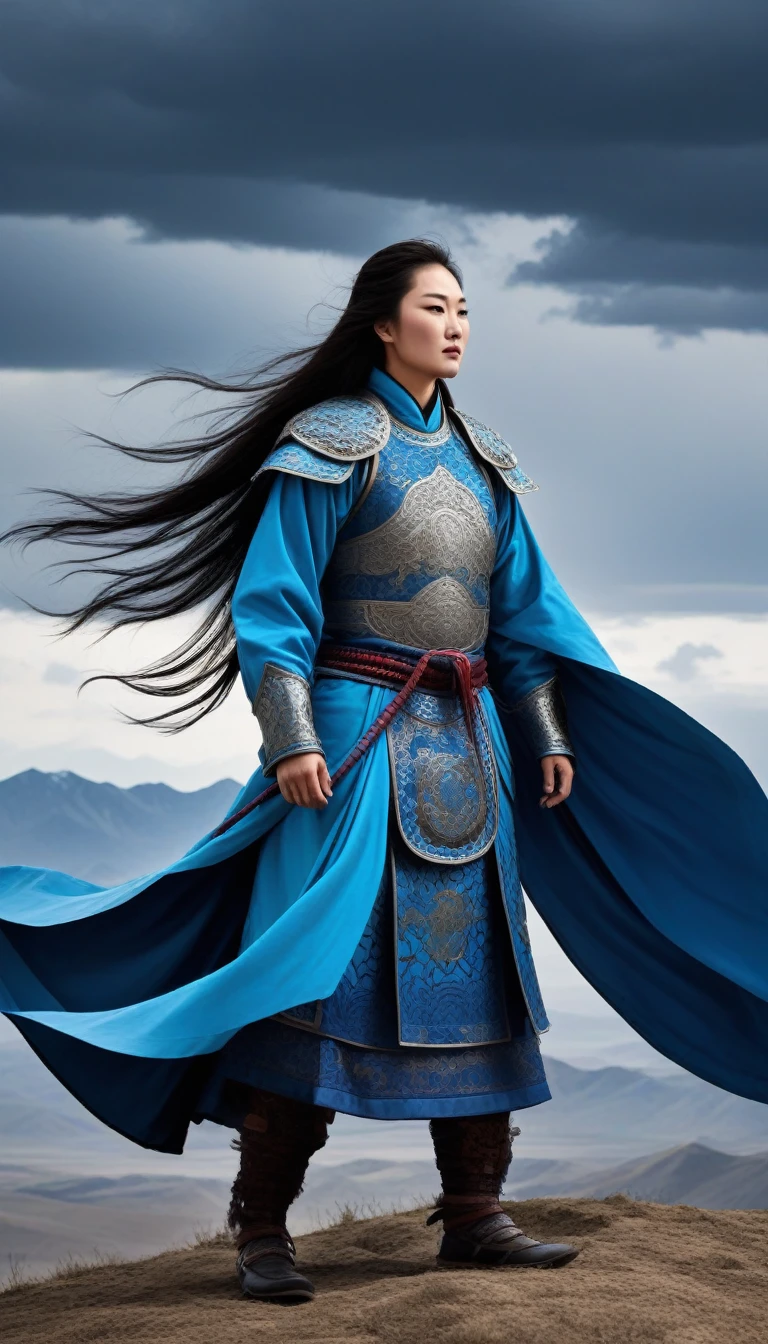 Create an image of Genghis Khan standing tall on a hilltop under a stormy, dark blue sky. His imposing figure is draped in traditional Mongol armor, with a flowing blue cape that catches the wind. Surrounding him are his daughters, each a fierce warrior in her own right. They stand in a powerful formation, their expressions a mix of determination and fierce loyalty. Each daughter wears armor with intricate blue patterns, blending strength and elegance. In the distance, the silhouettes of a vast Mongol army are visible, with banners fluttering in the wind, all bathed in varying shades of blue, from deep navy to icy cyan, creating a haunting yet powerful scene.