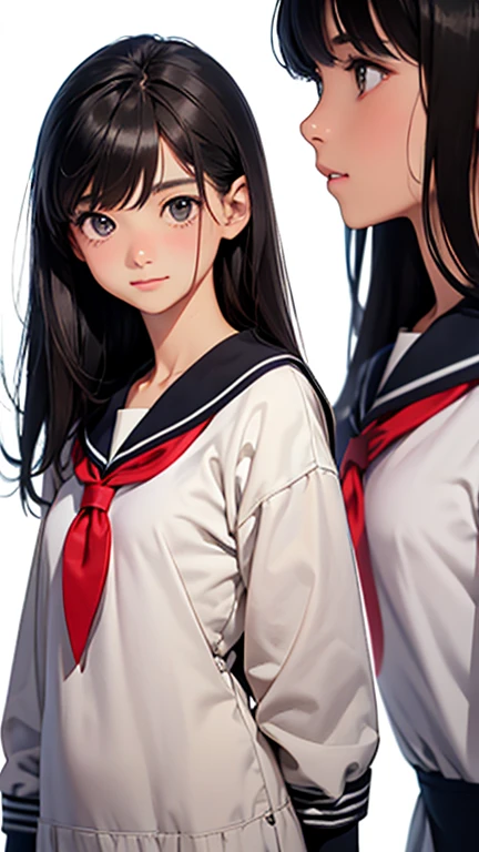 Highest quality、Realistic、、zoom、Primary school students、Girl、look up、cute、Light grey eyes、Black Hair、Long Straight Hair、Tanned brown skin、Dark Skin、Sailor suit、Shy laugh、Flat Chest、Bust Shot、Back view、thin