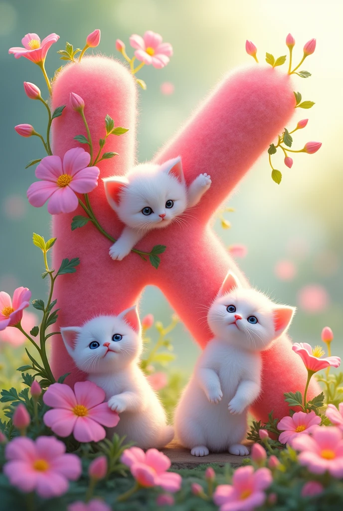 The letter ‘K’ in katakana、Please draw a vibrant pink design resembling a morning glory vine.。Part of the vine、Combine cute kittens playing together。The kitten is in a playful pose、Use overall pink tones to create a soft and cute atmosphere.。