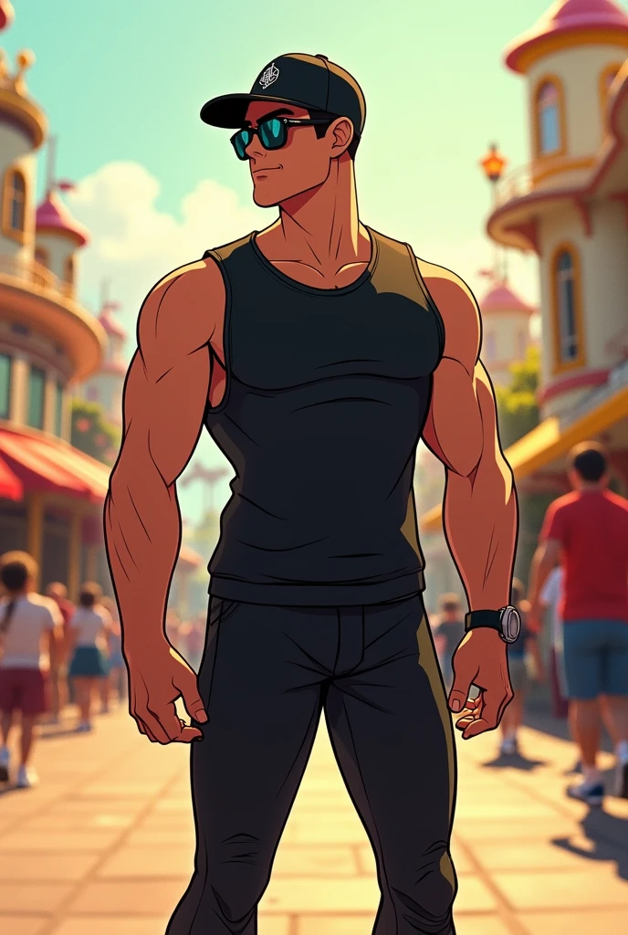 Disney male character with a black cap, dark sunglasses, a black vest, black pants and white sneakers