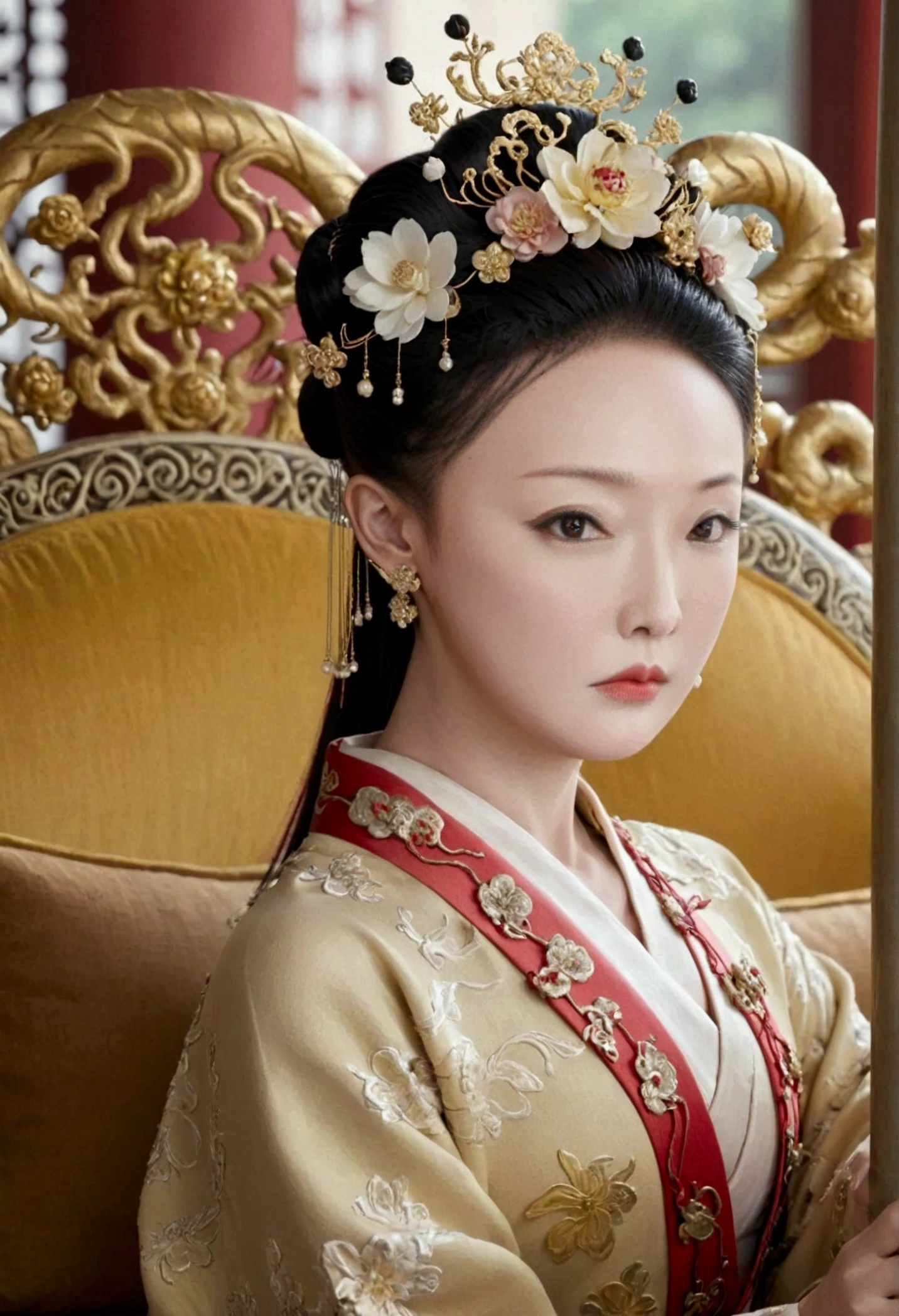 The naked front or seen appearance of a luxurious Empress from the Qing Dynasty of China, sitting on a large golden sofa., Large breasts and a pornographic pose, her hair tied on both sides、A beautiful hairpin and flower ornament, the Empress of China、Hair tied in the back, a perverted and erotic female background、The setting is the luxurious room of the Empress in the Qing Dynasty palace of China。.。
