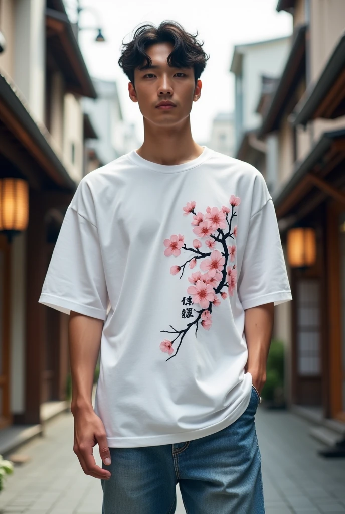 White oversized men's t-shirt with a simple print related to Japanese culture.