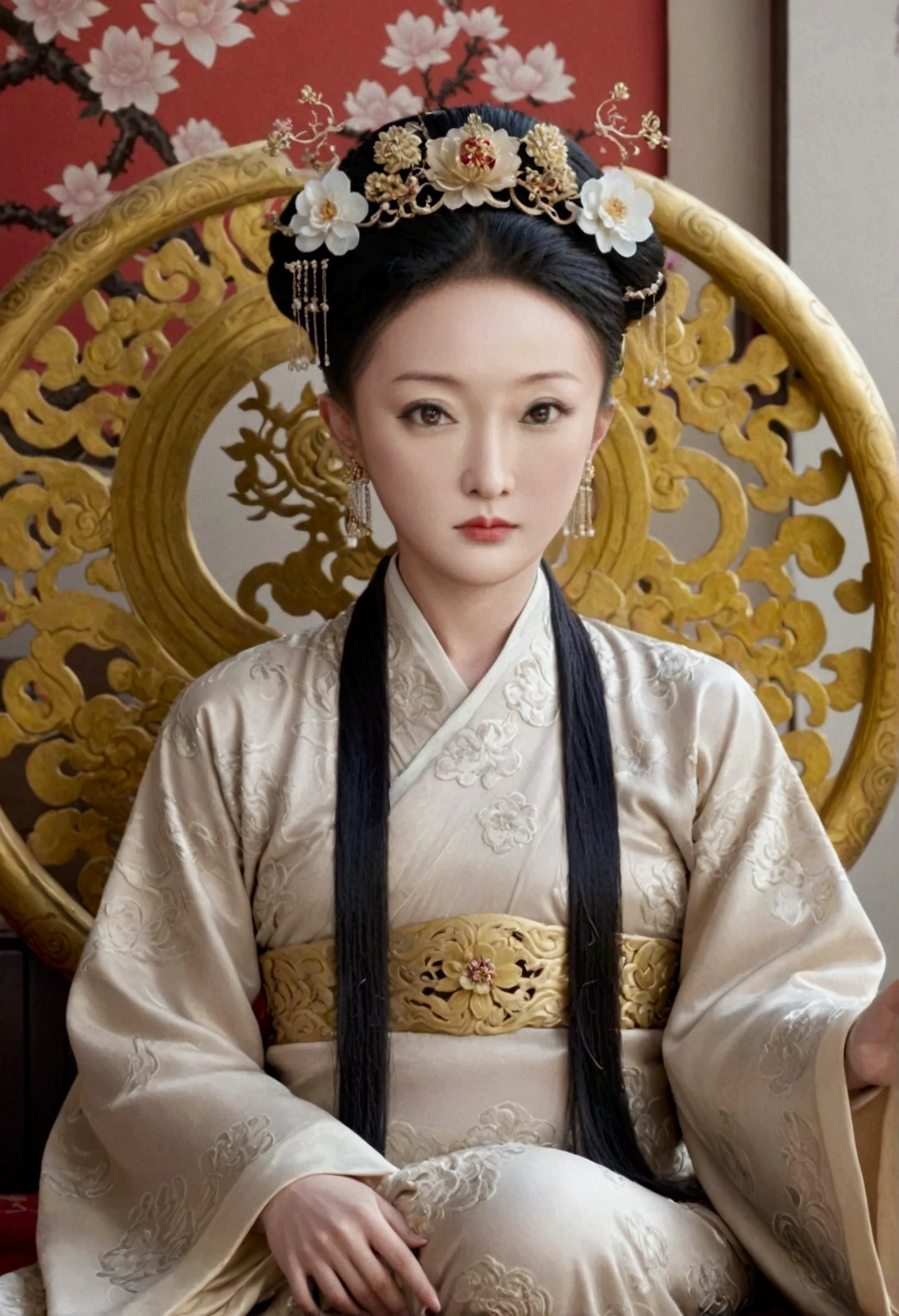 The naked front or seen appearance of a luxurious Empress from the Qing Dynasty of China, sitting on a large golden sofa., Large breasts and a pornographic pose, her hair tied on both sides、A beautiful hairpin and flower ornament, the Empress of China、Hair tied in the back, a perverted and erotic female background、The setting is the luxurious room of the Empress in the Qing Dynasty palace of China。.。