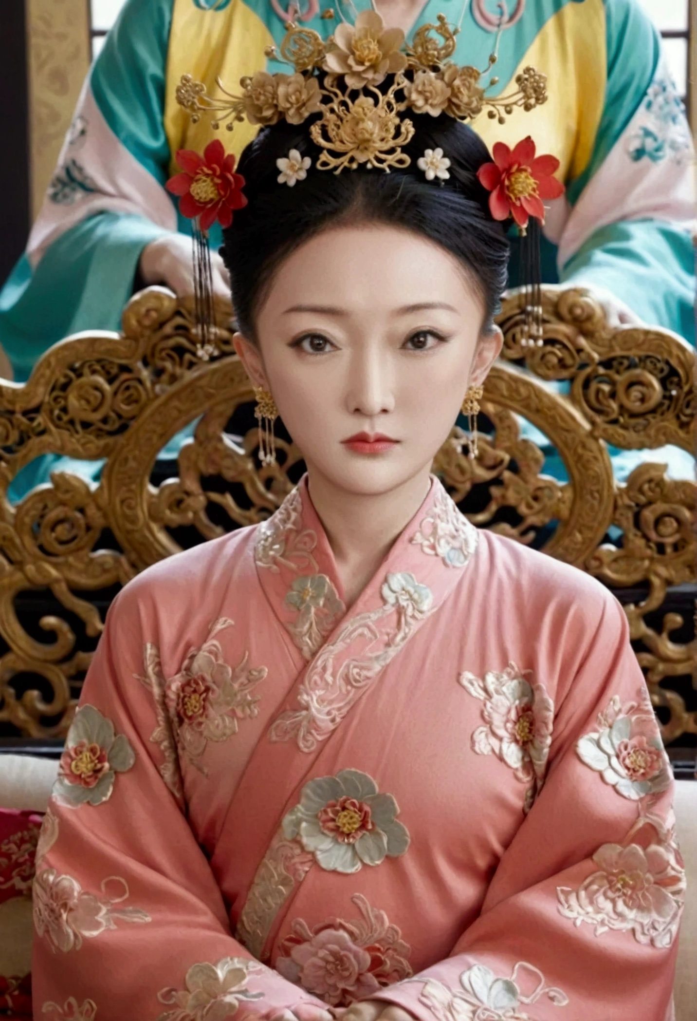 The naked front or seen appearance of a luxurious Empress from the Qing Dynasty of China, sitting on a large golden sofa., Large breasts and a pornographic pose, her hair tied on both sides、A beautiful hairpin and flower ornament, the Empress of China、Hair tied in the back, a perverted and erotic female background、The setting is the luxurious room of the Empress in the Qing Dynasty palace of China。.。
