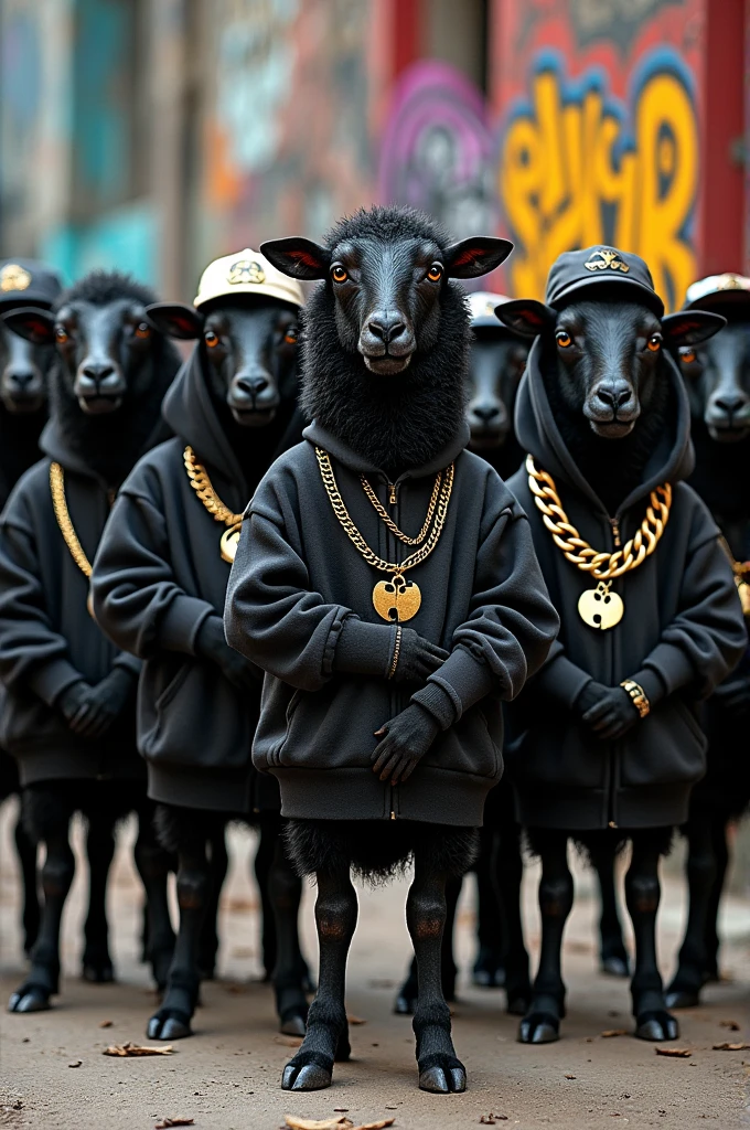 8 Black Sheep Animals .. dressed like a Rap band .. with an aggressive look and similar to the Wu-Tang Clan