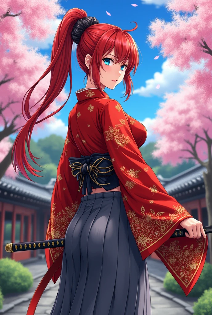 Anime, Japanese woman in a kimono, with blue eyes, red hair, long hair in a ponytail, gray hakama, crimson clothing, a katana on her left hip, large breasts, and a large backside, with an emphasis on her chest.