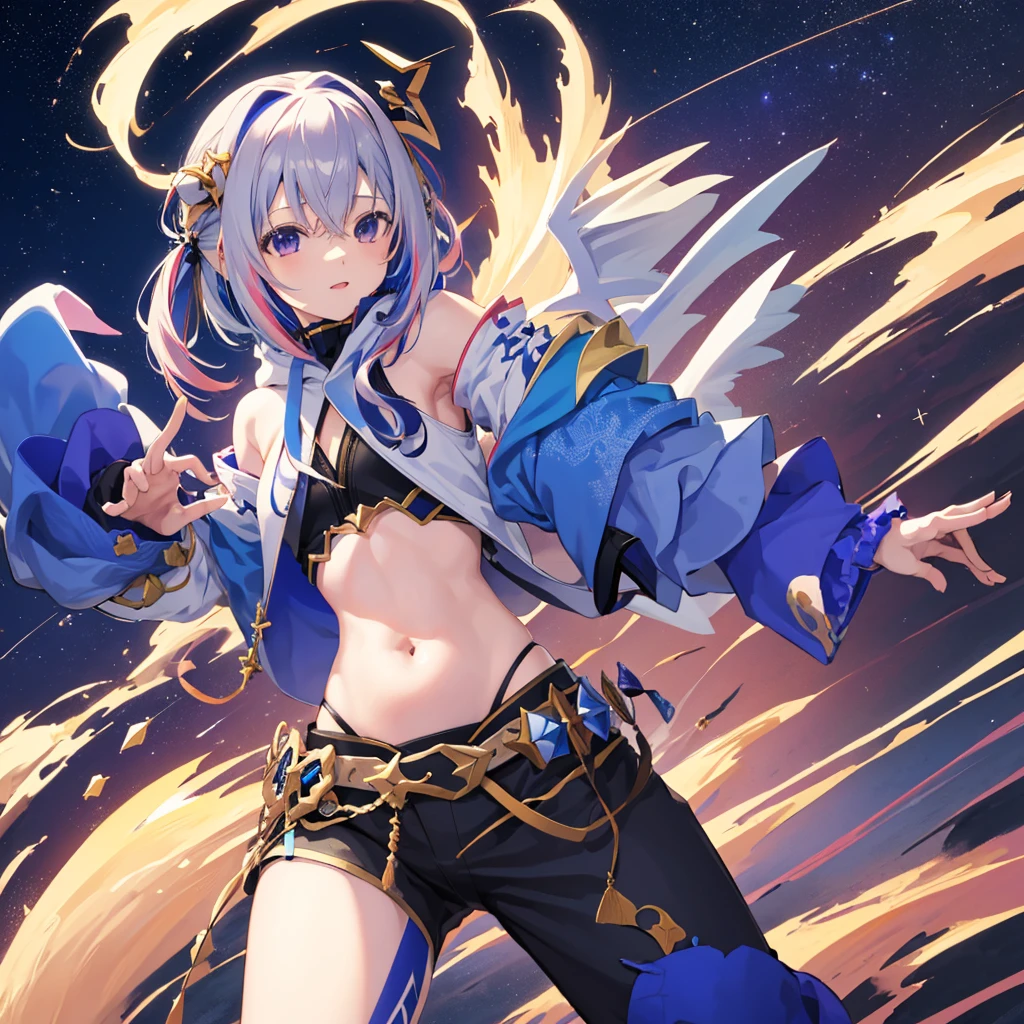 Amane Kanata,Ho****ve,Cool pose,Night Sky,Top view,((A dragon is flying behind me)),(No sleeve,Belly button,One white wing),sea of clouds,Wearing a black hoodie