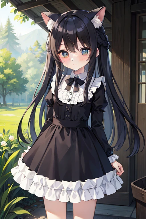 (masterpiece), Highest quality, Detailed Background, Cinema Lighting, nature, One person, Long Hair, Black Hair, cute, blush, dress, Frills