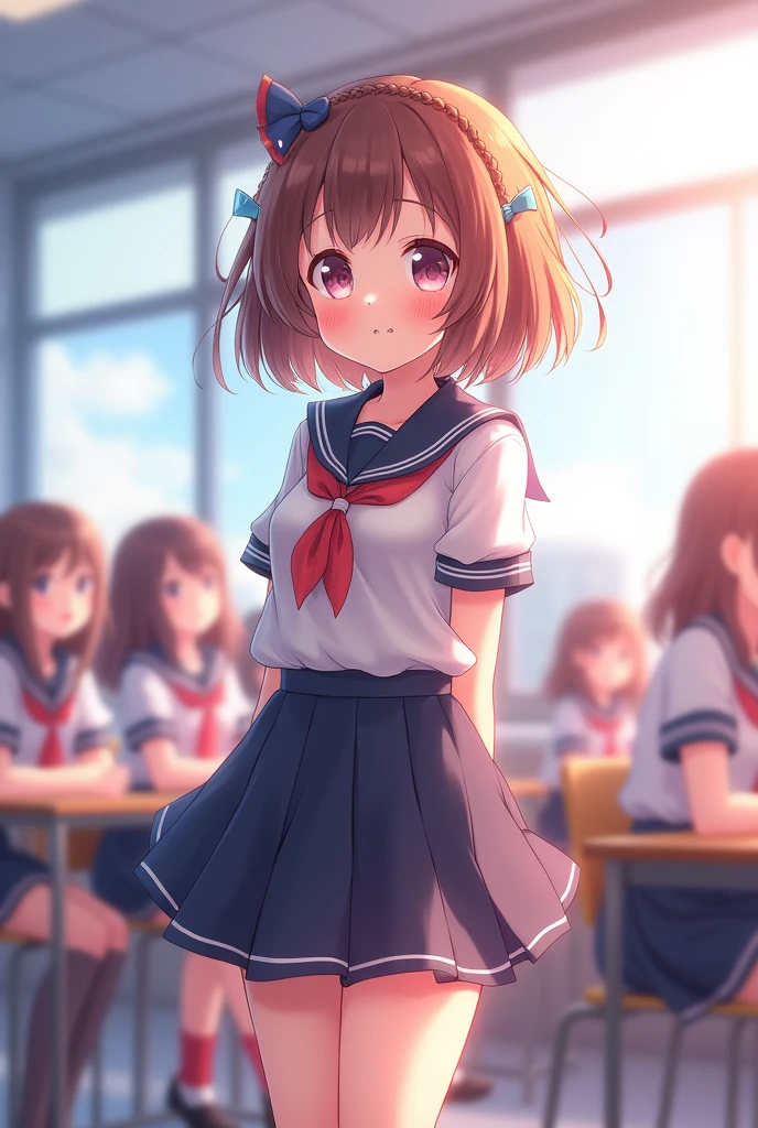 cute、short、Embarrassed、Anime Face、Anime-like、uniform、motel、Large Breasts、Shortcuts、Bob Hair、Braiding、skirt、School、すごくcute、fluffy、Sparkling、high school student、Middle school students、In the classroom、Confession、、woman、cute髪飾り、piece、Childish、Shy、Miniskirt、Line of sight、