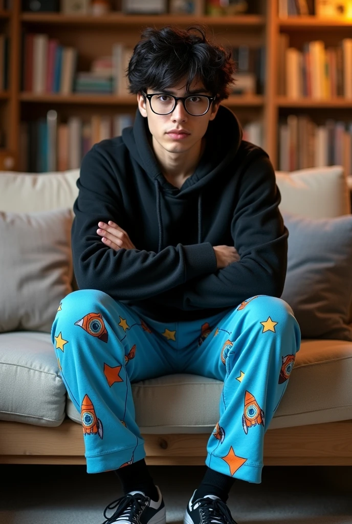 Picture of universitary guy sitting in the living room couch with a cute pijama pants.... guy is angry and arms crossed. Looking at the camera. The pijama pants is: sky blue color with colorful rocket and star prints. Guy has black hair. Guy has wearing a black hoodie, nerd glases, black stocks and white shoes.
