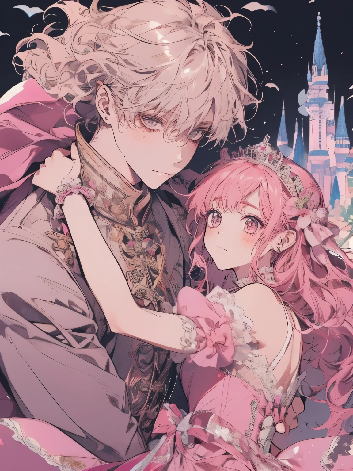 Princess、Prince、Pink long dress、Dance、Castle、smile