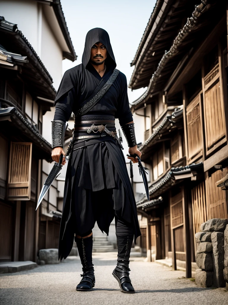 An assassin warrior with daggers and black clothes in a typical Japanese village