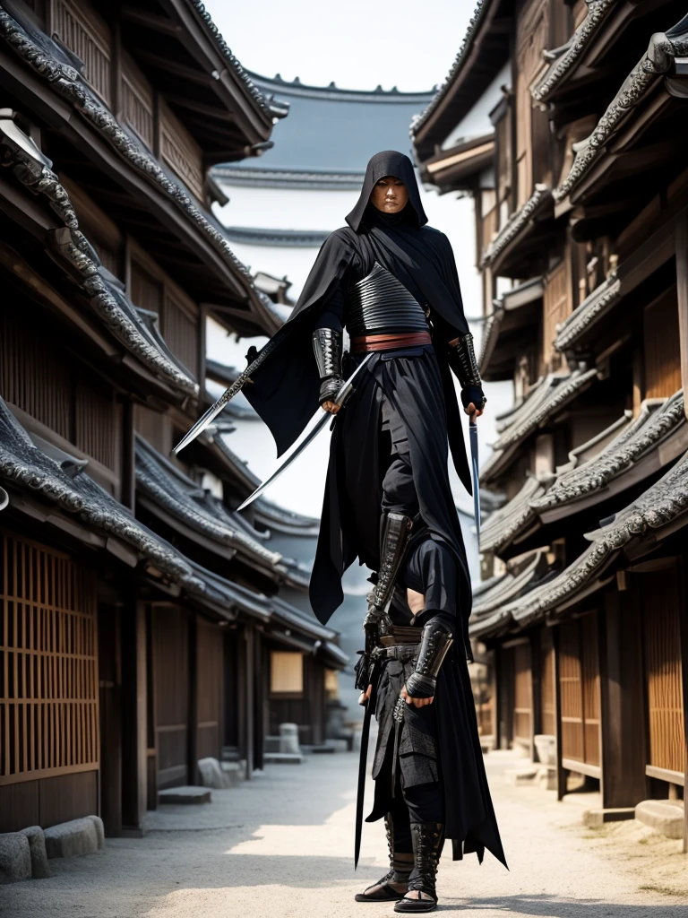 An assassin warrior with daggers and black clothes in a typical Japanese village 
