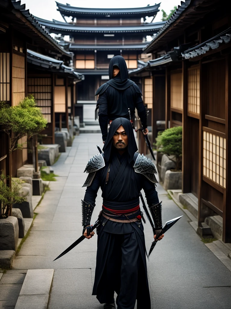 An assassin warrior with daggers and black clothes in a typical Japanese village