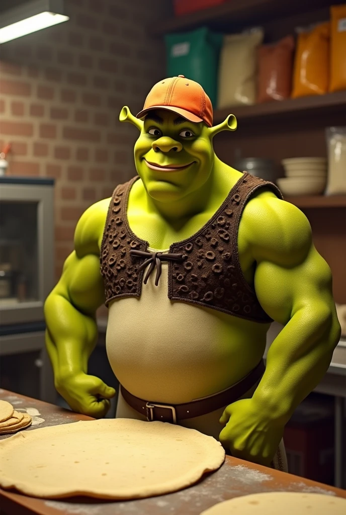 Image of muscular Shrek in a baseball cap working at a place making tortillas 