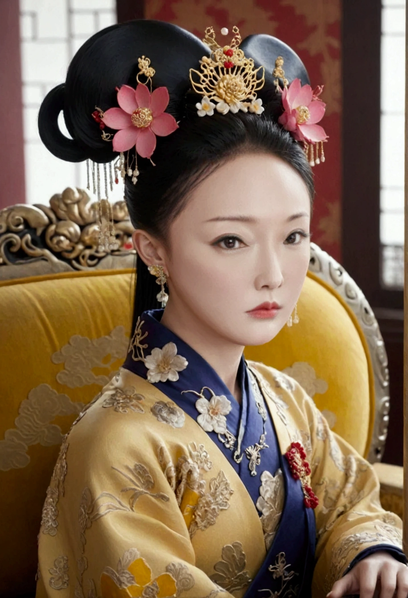 The naked front or seen appearance of a luxurious Empress from the Qing Dynasty of China, sitting on a large golden sofa., Large breasts and a pornographic pose, her hair tied on both sides、A beautiful hairpin and flower ornament, the Empress of China、Hair tied in the back, a perverted and erotic female background、The setting is the luxurious room of the Empress in the Qing Dynasty palace of China。.。