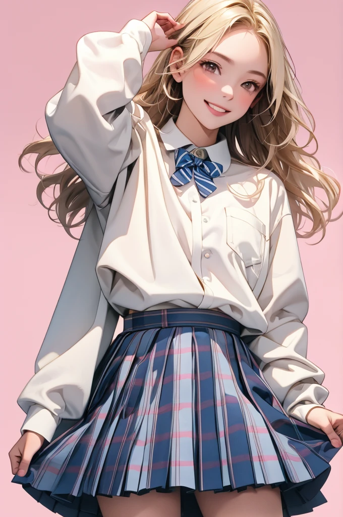 high resolution,smile,happy,light smile,woman,woman1人,adult,Clear,cute,
Blonde Hair,BREAK, Brown eyes,BREAK,wavy hair,long hair,BREAK,
high school girl,uniform,White Y-shirt,Long sleeve Y-shirt,BREAK,
Dark blue plaid skirt,Pleated skirt,BREAK,glitter hair pin,
Facing forward,BREAK,Pink background,
