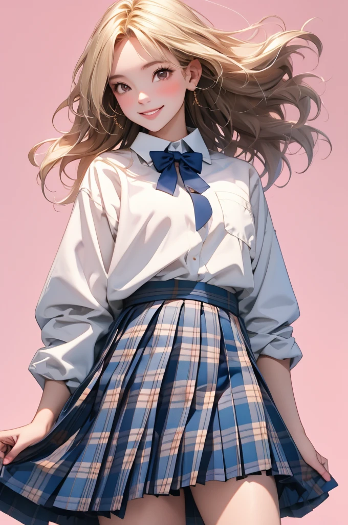 high resolution,smile,happy,light smile,woman,woman1人,adult,Clear,cute,
Blonde Hair,BREAK, Brown eyes,BREAK,wavy hair,long hair,BREAK,
high school girl,uniform,White Y-shirt,Long sleeve Y-shirt,BREAK,
Dark blue plaid skirt,Pleated skirt,BREAK,glitter hair pin,
Facing forward,BREAK,Pink background,