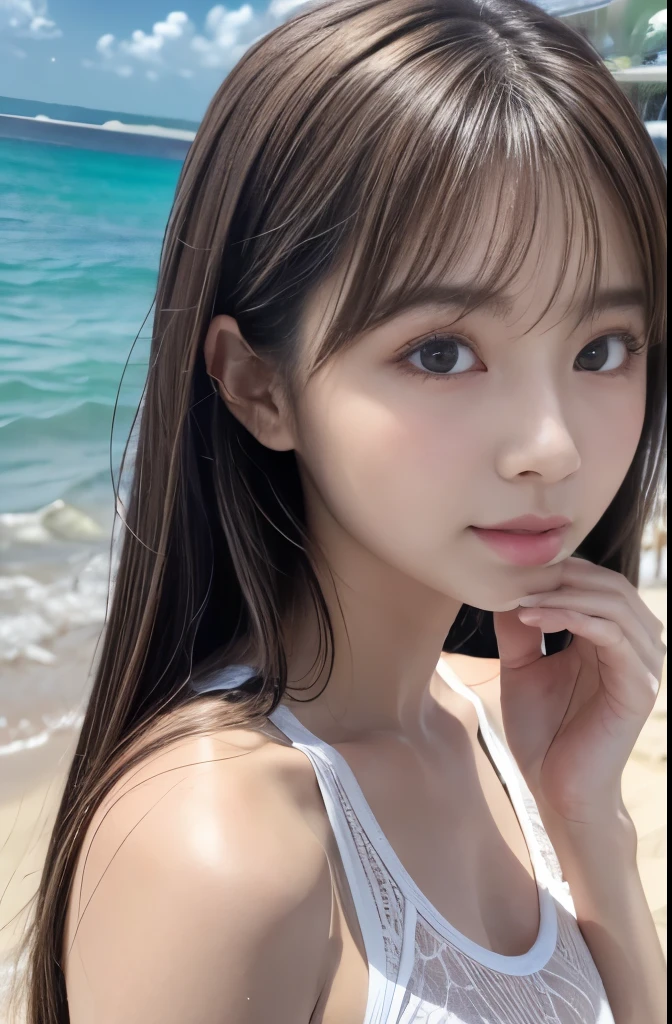 Asian, beautiful, thin, cute, 23 years old, beautiful顔,ふわりとしたセクシーな唇 beautiful肌,White soft skin texture, actress, mature, Upper Body, Light brown hair, thin髪,Silky Hair, Live Action, Tabletop, Highest quality, Ultra high definition, Exquisite 8K raw photo: 1.5, Ultra-high resolution, Casual Fashion, Lighting, Summer Fashion, (Natural brown hair: 0.8), (Puffy eyes), Looking at the audience, turn around, Bleached Hair, Model pose, beach resort background, Delicate skin types, thin巻き毛, Put your hands around your mouth, White T-shirt, Hair model photoshoot
