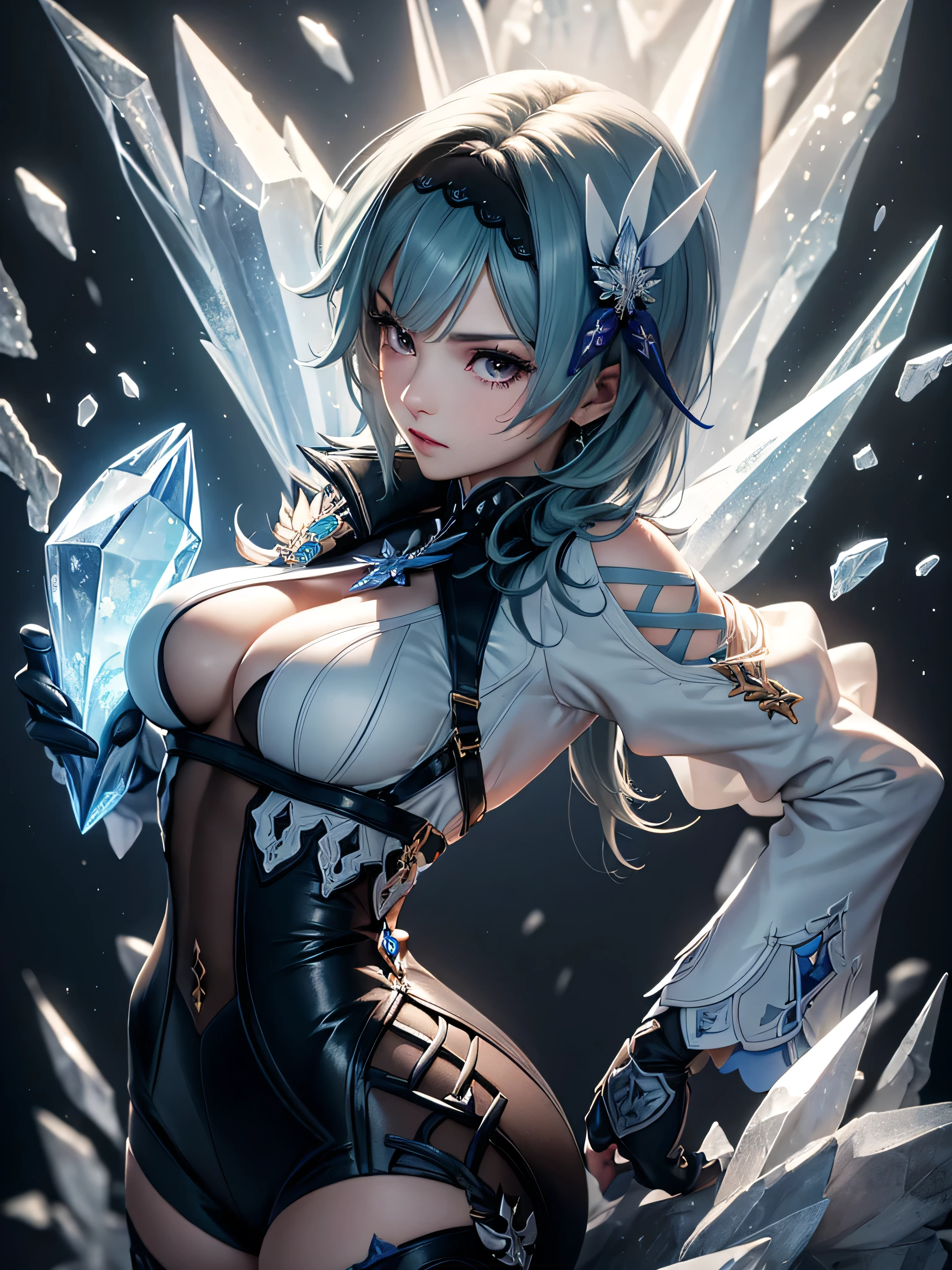 ((euladef)):1.5,((masterpiece,Highest quality,Highly detailed images,Beautiful images))1.4(Image of Eula leaning back with her arms raised、Huge crystal in the background、Overall dim lighting、Backlight、A fantastic atmosphere、Thick Fog、Dust flutters)1.3,(Close-up image of eula)1.1、(Her back is arched, Accentuate your breasts.、Turn your body to the viewer):1.2(Beautiful cleavage、Exposing cleavage)
