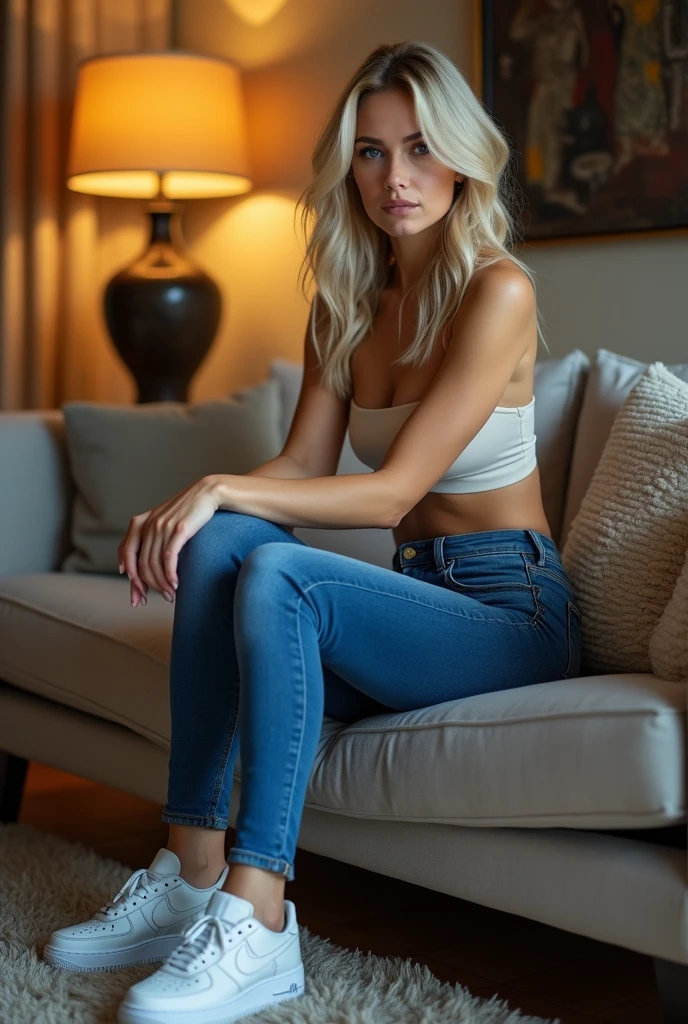 ((tall blonde women)), blue skinny jeans, nike sneakers, topless, at home, (((full view))), full body view, sitting on the couch, sexy pose, daring